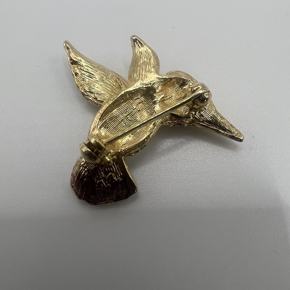 Hummingbird Brooch Pin Gold Tone Rhinestone Green Enamel Bird Costume Jewelry 2" - Picture 4 of 5